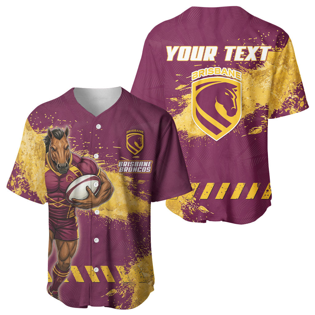 Personalised Brisbane Broncos Rugby Baseball Jersey Bronx Mascot Grunge Maroon Gold - Sporty Splash Art Style