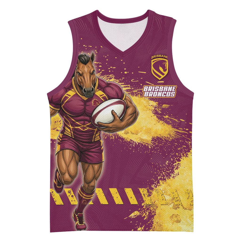 Personalised Brisbane Broncos Rugby Basketball Jersey Bronx Mascot Grunge Maroon Gold - Sporty Splash Art Style