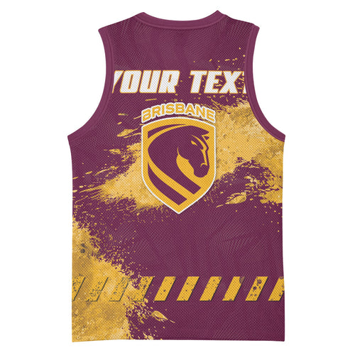 Personalised Brisbane Broncos Rugby Basketball Jersey Bronx Mascot Grunge Maroon Gold - Sporty Splash Art Style