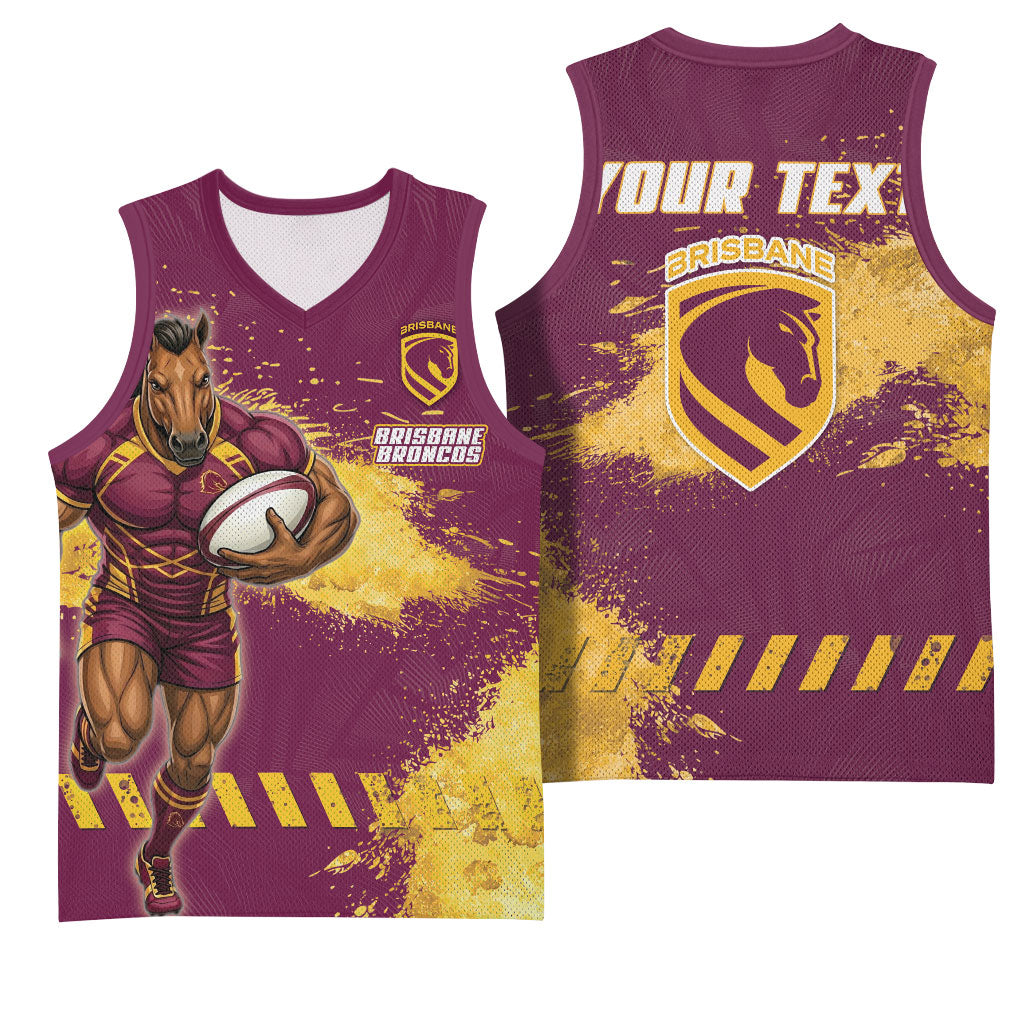 Personalised Brisbane Broncos Rugby Basketball Jersey Bronx Mascot Grunge Maroon Gold - Sporty Splash Art Style