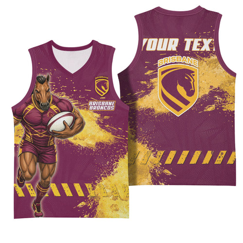 Personalised Brisbane Broncos Rugby Basketball Jersey Bronx Mascot Grunge Maroon Gold - Sporty Splash Art Style