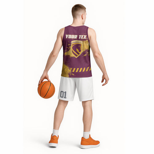 Personalised Brisbane Broncos Rugby Basketball Jersey Bronx Mascot Grunge Maroon Gold - Sporty Splash Art Style