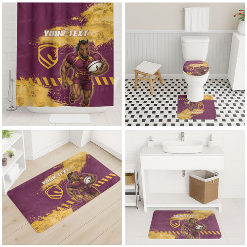 Personalised Brisbane Broncos Rugby Bathroom Set Bronx Mascot Grunge Maroon Gold - Sporty Splash Art Style