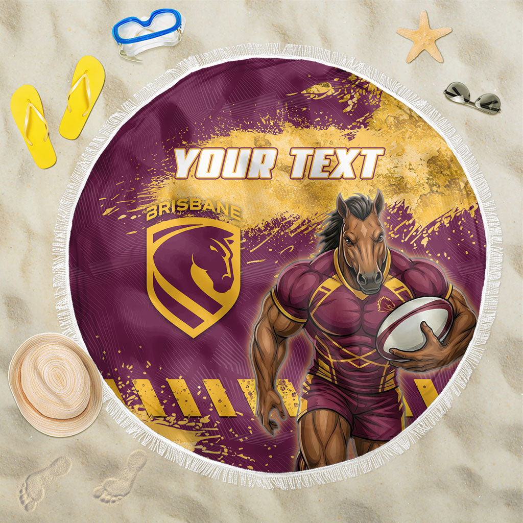 Personalised Brisbane Broncos Rugby Beach Blanket Bronx Mascot Grunge Maroon Gold - Sporty Splash Art Style