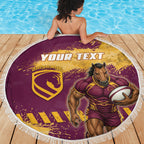 Personalised Brisbane Broncos Rugby Beach Blanket Bronx Mascot Grunge Maroon Gold - Sporty Splash Art Style