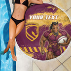 Personalised Brisbane Broncos Rugby Beach Blanket Bronx Mascot Grunge Maroon Gold - Sporty Splash Art Style
