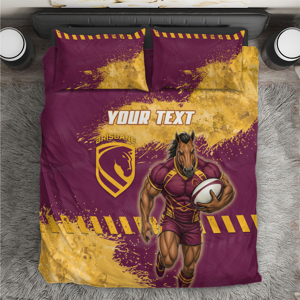 Personalised Brisbane Broncos Rugby Bedding Set Bronx Mascot Grunge Maroon Gold - Sporty Splash Art Style