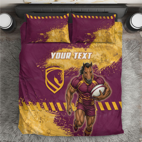 Personalised Brisbane Broncos Rugby Bedding Set Bronx Mascot Grunge Maroon Gold - Sporty Splash Art Style