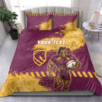 Personalised Brisbane Broncos Rugby Bedding Set Bronx Mascot Grunge Maroon Gold - Sporty Splash Art Style