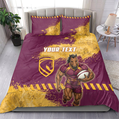 Personalised Brisbane Broncos Rugby Bedding Set Bronx Mascot Grunge Maroon Gold - Sporty Splash Art Style