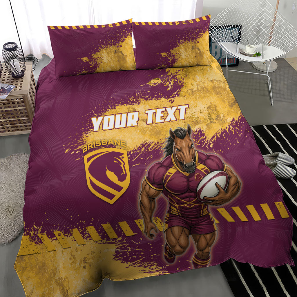 Personalised Brisbane Broncos Rugby Bedding Set Bronx Mascot Grunge Maroon Gold - Sporty Splash Art Style