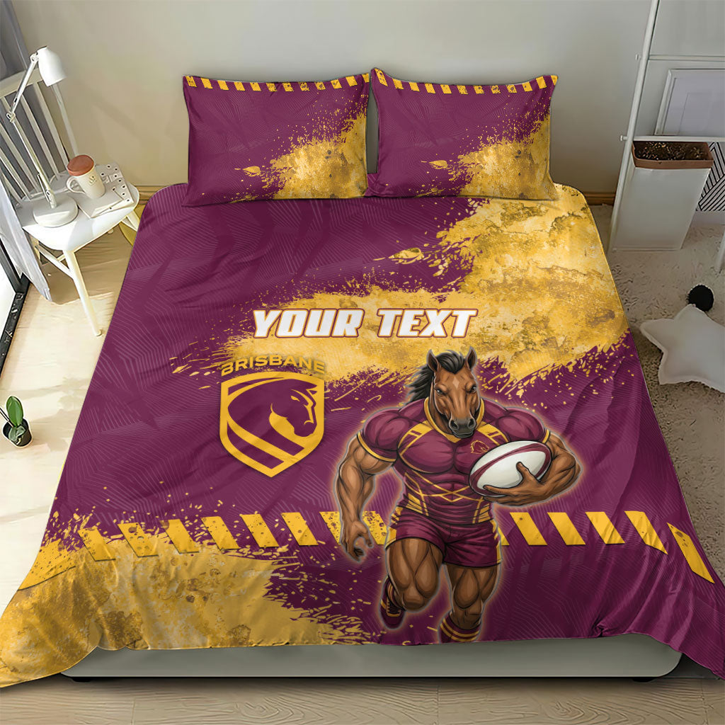 Personalised Brisbane Broncos Rugby Bedding Set Bronx Mascot Grunge Maroon Gold - Sporty Splash Art Style