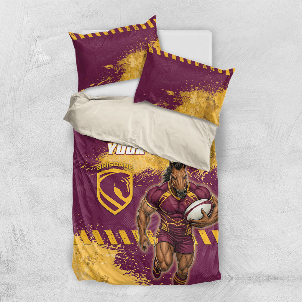 Personalised Brisbane Broncos Rugby Bedding Set Bronx Mascot Grunge Maroon Gold - Sporty Splash Art Style
