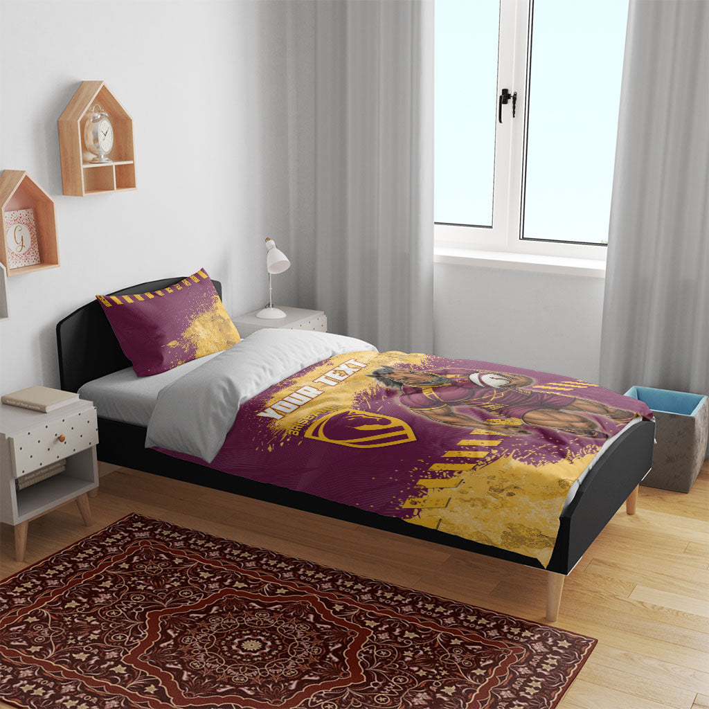 Personalised Brisbane Broncos Rugby Bedding Set Bronx Mascot Grunge Maroon Gold - Sporty Splash Art Style