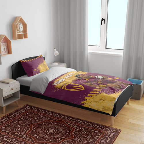 Personalised Brisbane Broncos Rugby Bedding Set Bronx Mascot Grunge Maroon Gold - Sporty Splash Art Style