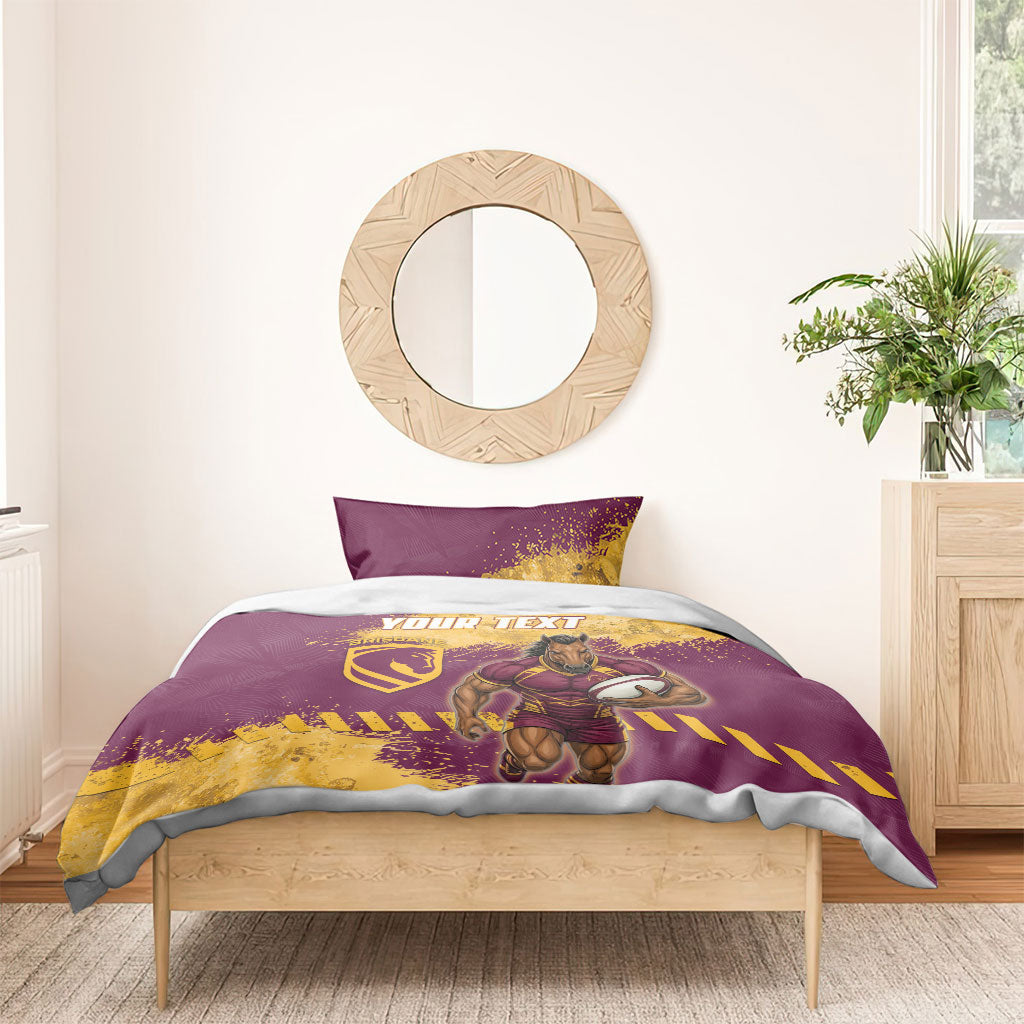 Personalised Brisbane Broncos Rugby Bedding Set Bronx Mascot Grunge Maroon Gold - Sporty Splash Art Style