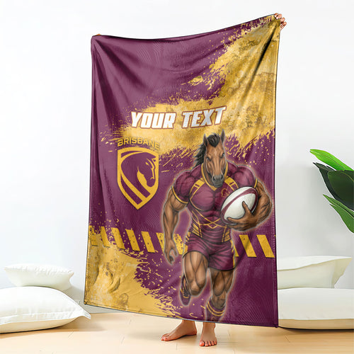 Personalised Brisbane Broncos Rugby Blanket Bronx Mascot Grunge Maroon Gold - Sporty Splash Art Style