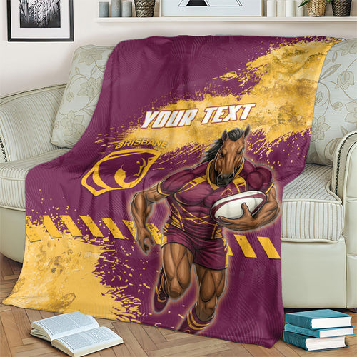 Personalised Brisbane Broncos Rugby Blanket Bronx Mascot Grunge Maroon Gold - Sporty Splash Art Style