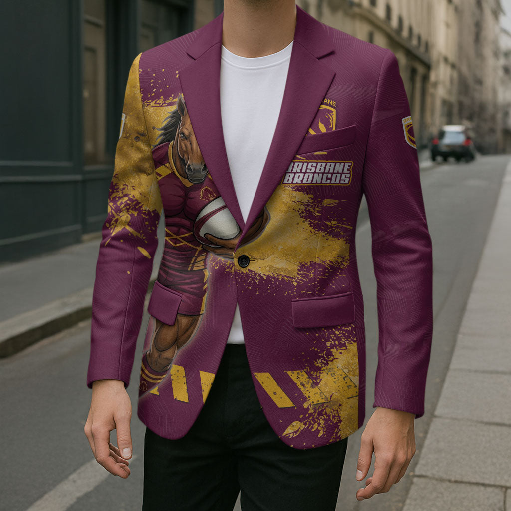 Personalised Brisbane Broncos Rugby Blazer Bronx Mascot Grunge Maroon Gold - Sporty Splash Art Style