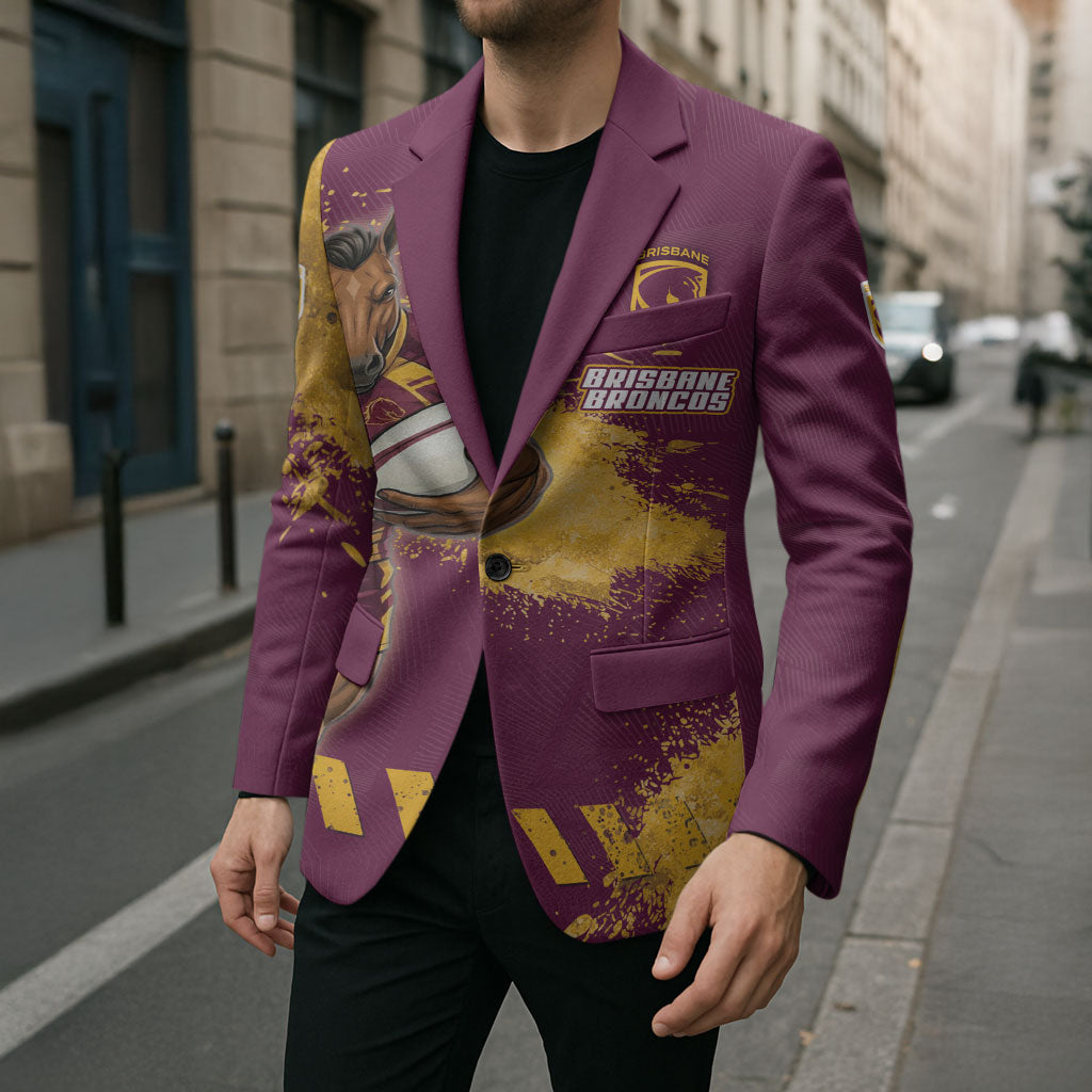 Personalised Brisbane Broncos Rugby Blazer Bronx Mascot Grunge Maroon Gold - Sporty Splash Art Style