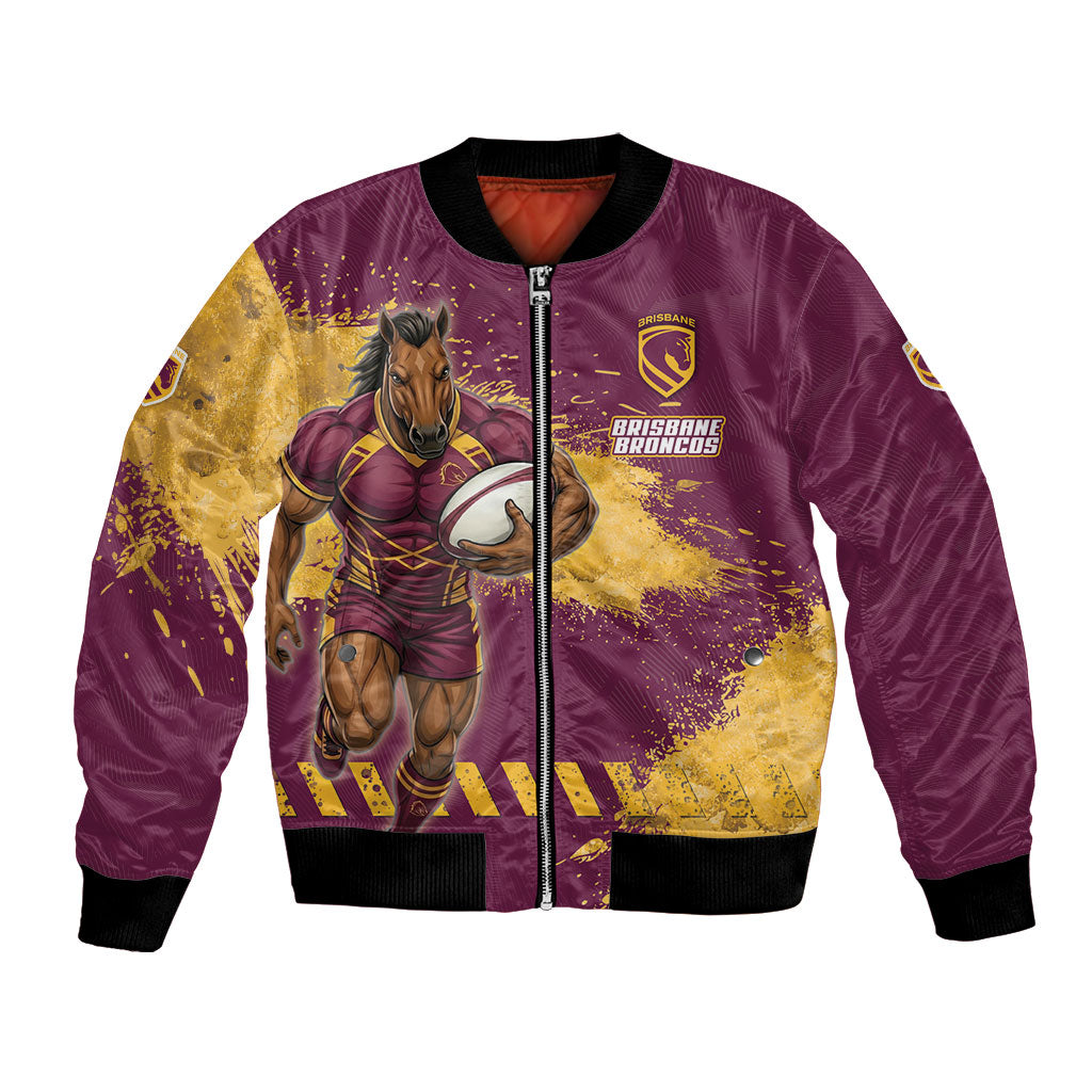 Personalised Brisbane Broncos Rugby Bomber Jacket Bronx Mascot Grunge Maroon Gold - Sporty Splash Art Style