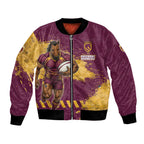 Personalised Brisbane Broncos Rugby Bomber Jacket Bronx Mascot Grunge Maroon Gold - Sporty Splash Art Style