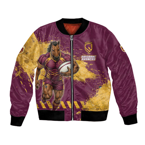 Personalised Brisbane Broncos Rugby Bomber Jacket Bronx Mascot Grunge Maroon Gold - Sporty Splash Art Style