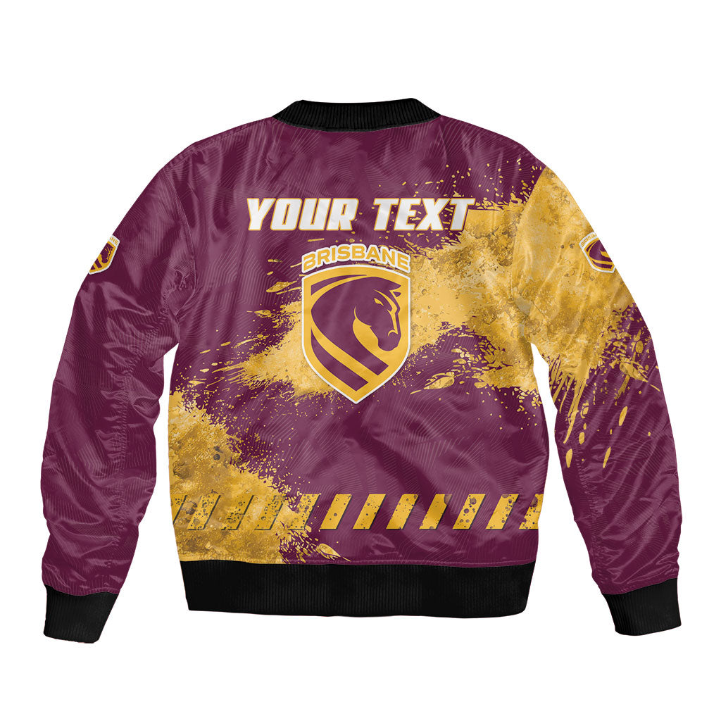 Personalised Brisbane Broncos Rugby Bomber Jacket Bronx Mascot Grunge Maroon Gold - Sporty Splash Art Style