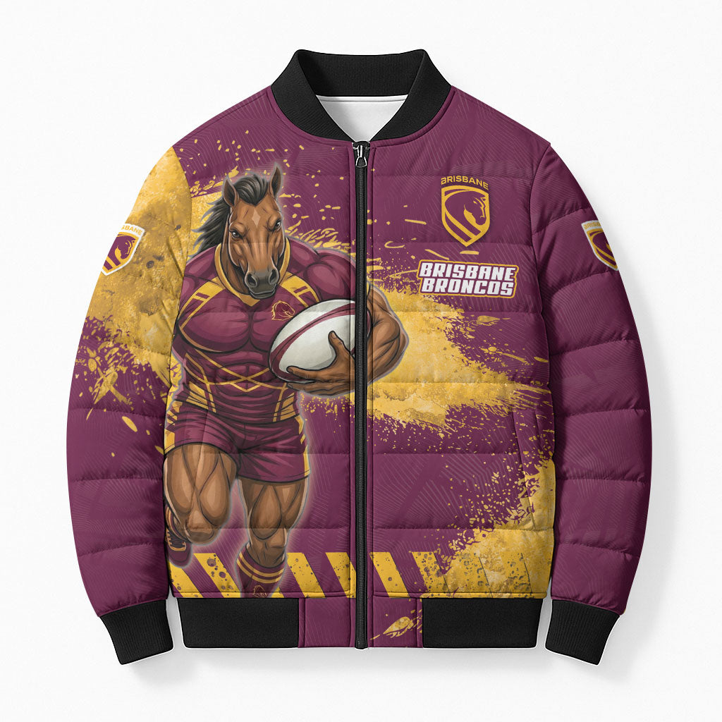 Personalised Brisbane Broncos Rugby Bomber Puffer Jacket Bronx Mascot Grunge Maroon Gold - Sporty Splash Art Style