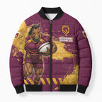 Personalised Brisbane Broncos Rugby Bomber Puffer Jacket Bronx Mascot Grunge Maroon Gold - Sporty Splash Art Style