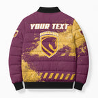 Personalised Brisbane Broncos Rugby Bomber Puffer Jacket Bronx Mascot Grunge Maroon Gold - Sporty Splash Art Style