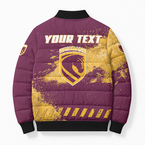 Personalised Brisbane Broncos Rugby Bomber Puffer Jacket Bronx Mascot Grunge Maroon Gold - Sporty Splash Art Style