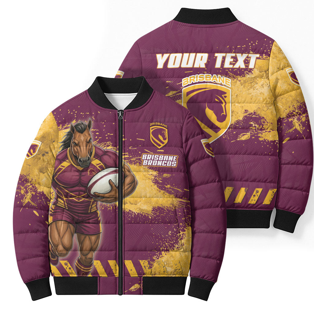 Personalised Brisbane Broncos Rugby Bomber Puffer Jacket Bronx Mascot Grunge Maroon Gold - Sporty Splash Art Style