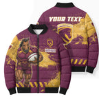 Personalised Brisbane Broncos Rugby Bomber Puffer Jacket Bronx Mascot Grunge Maroon Gold - Sporty Splash Art Style