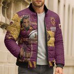 Personalised Brisbane Broncos Rugby Bomber Puffer Jacket Bronx Mascot Grunge Maroon Gold - Sporty Splash Art Style
