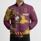 Personalised Brisbane Broncos Rugby Bomber Puffer Jacket Bronx Mascot Grunge Maroon Gold - Sporty Splash Art Style