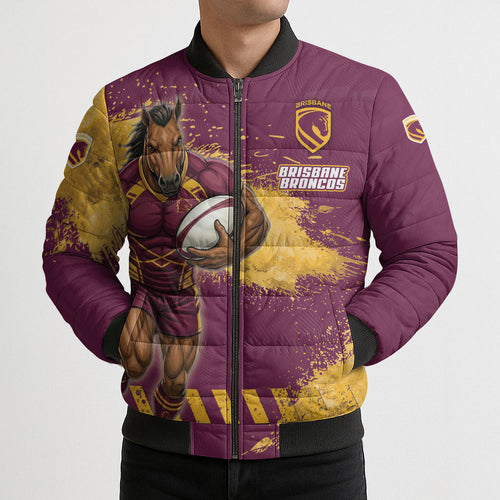 Personalised Brisbane Broncos Rugby Bomber Puffer Jacket Bronx Mascot Grunge Maroon Gold - Sporty Splash Art Style