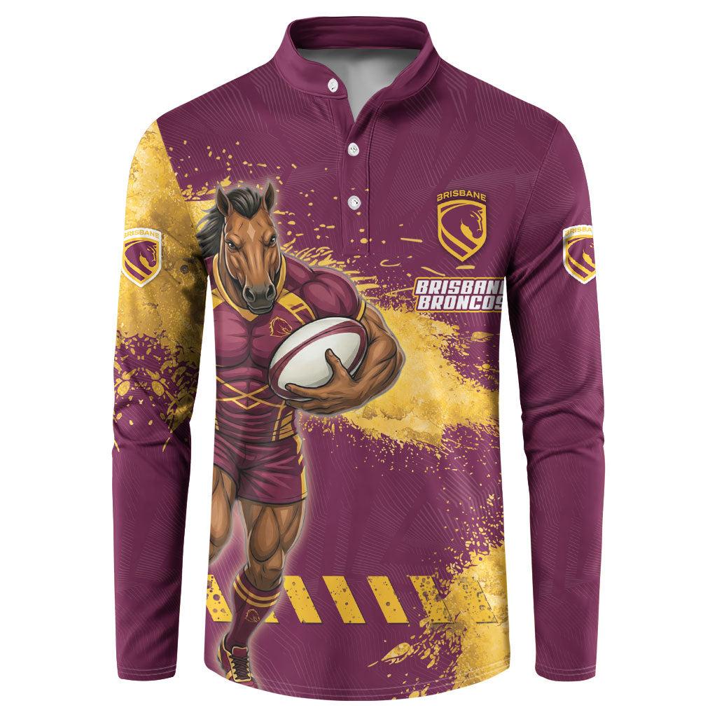 Personalised Brisbane Broncos Rugby Button Sweatshirt Bronx Mascot Grunge Maroon Gold - Sporty Splash Art Style
