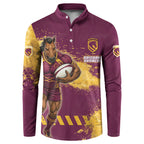 Personalised Brisbane Broncos Rugby Button Sweatshirt Bronx Mascot Grunge Maroon Gold - Sporty Splash Art Style