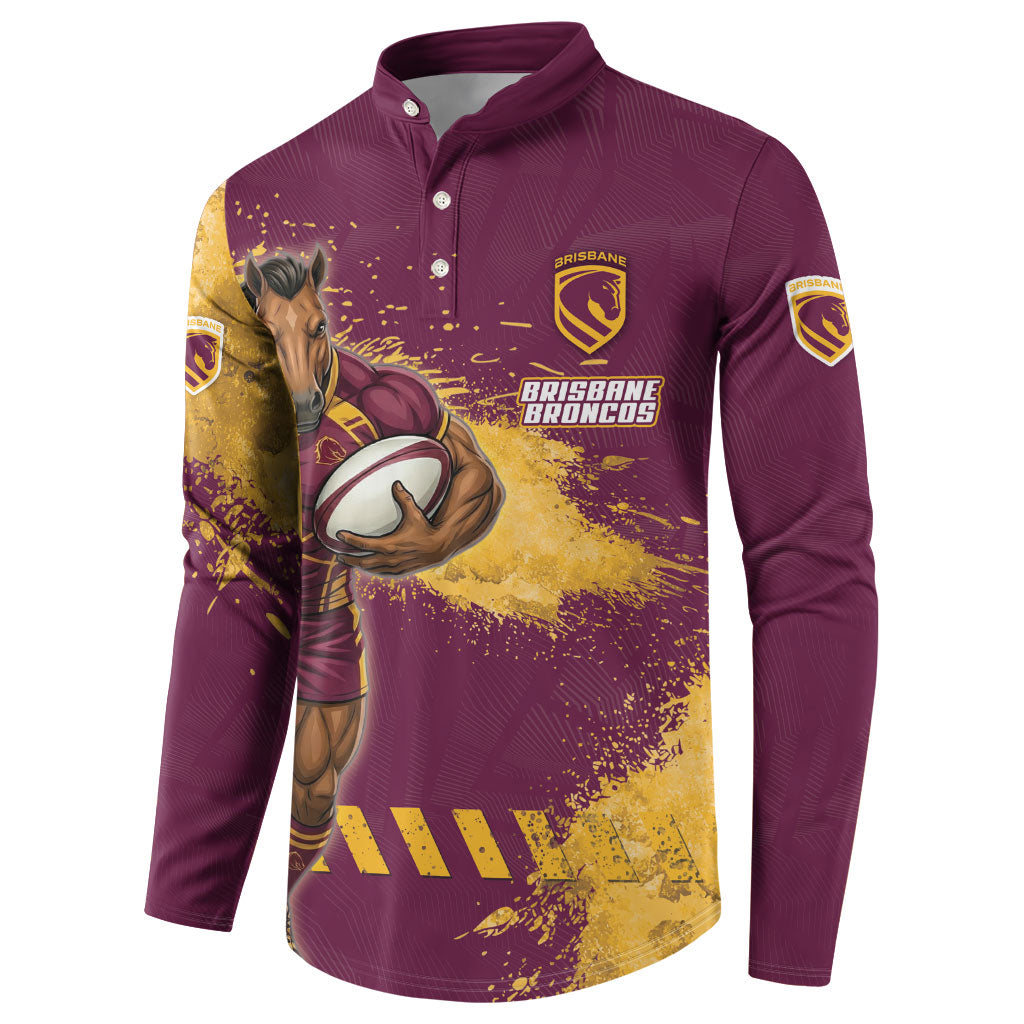 Personalised Brisbane Broncos Rugby Button Sweatshirt Bronx Mascot Grunge Maroon Gold - Sporty Splash Art Style