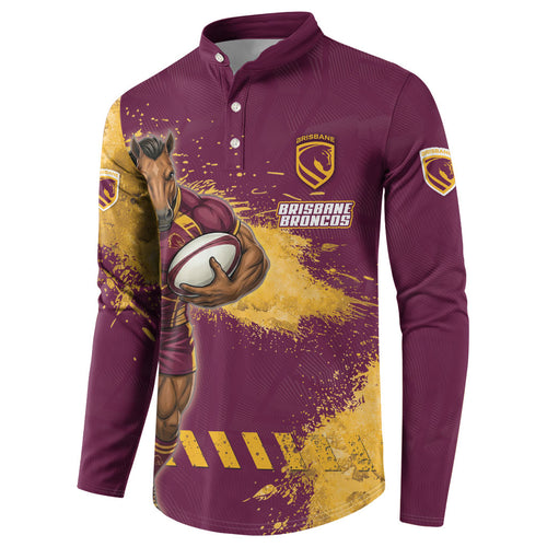 Personalised Brisbane Broncos Rugby Button Sweatshirt Bronx Mascot Grunge Maroon Gold - Sporty Splash Art Style