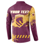 Personalised Brisbane Broncos Rugby Button Sweatshirt Bronx Mascot Grunge Maroon Gold - Sporty Splash Art Style