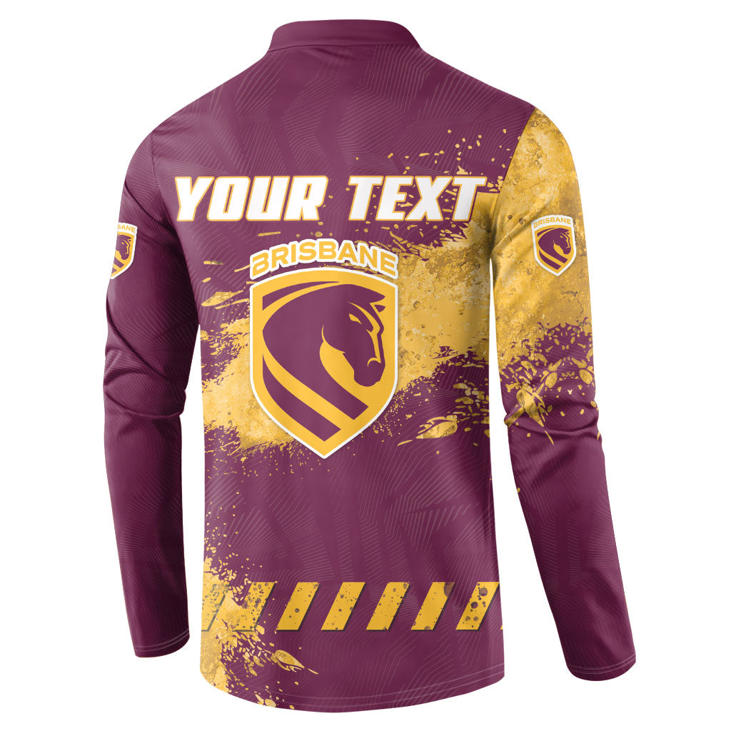 Personalised Brisbane Broncos Rugby Button Sweatshirt Bronx Mascot Grunge Maroon Gold - Sporty Splash Art Style