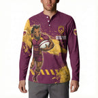 Personalised Brisbane Broncos Rugby Button Sweatshirt Bronx Mascot Grunge Maroon Gold - Sporty Splash Art Style