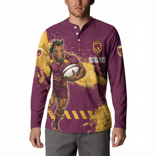 Personalised Brisbane Broncos Rugby Button Sweatshirt Bronx Mascot Grunge Maroon Gold - Sporty Splash Art Style