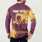 Personalised Brisbane Broncos Rugby Button Sweatshirt Bronx Mascot Grunge Maroon Gold - Sporty Splash Art Style