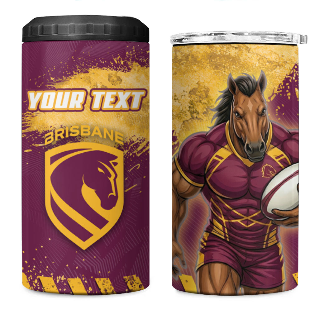 Personalised Brisbane Broncos Rugby 4 in 1 Can Cooler Tumbler Bronx Mascot Grunge Maroon Gold - Sporty Splash Art Style