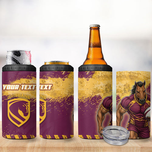Personalised Brisbane Broncos Rugby 4 in 1 Can Cooler Tumbler Bronx Mascot Grunge Maroon Gold - Sporty Splash Art Style