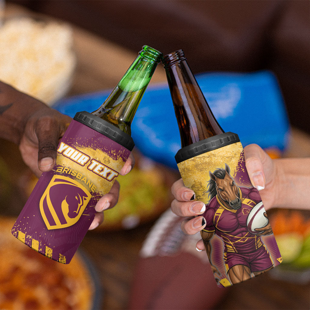 Personalised Brisbane Broncos Rugby 4 in 1 Can Cooler Tumbler Bronx Mascot Grunge Maroon Gold - Sporty Splash Art Style