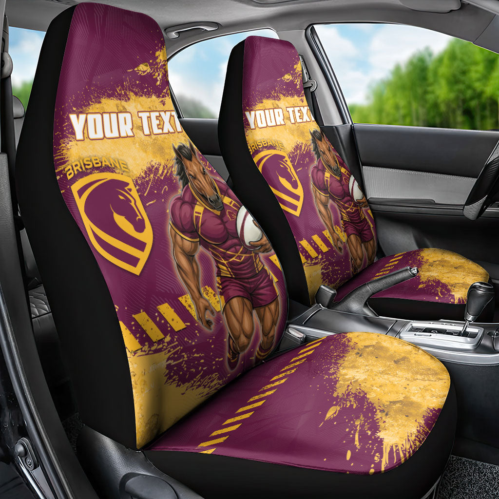 Personalised Brisbane Broncos Rugby Car Seat Cover Bronx Mascot Grunge Maroon Gold - Sporty Splash Art Style